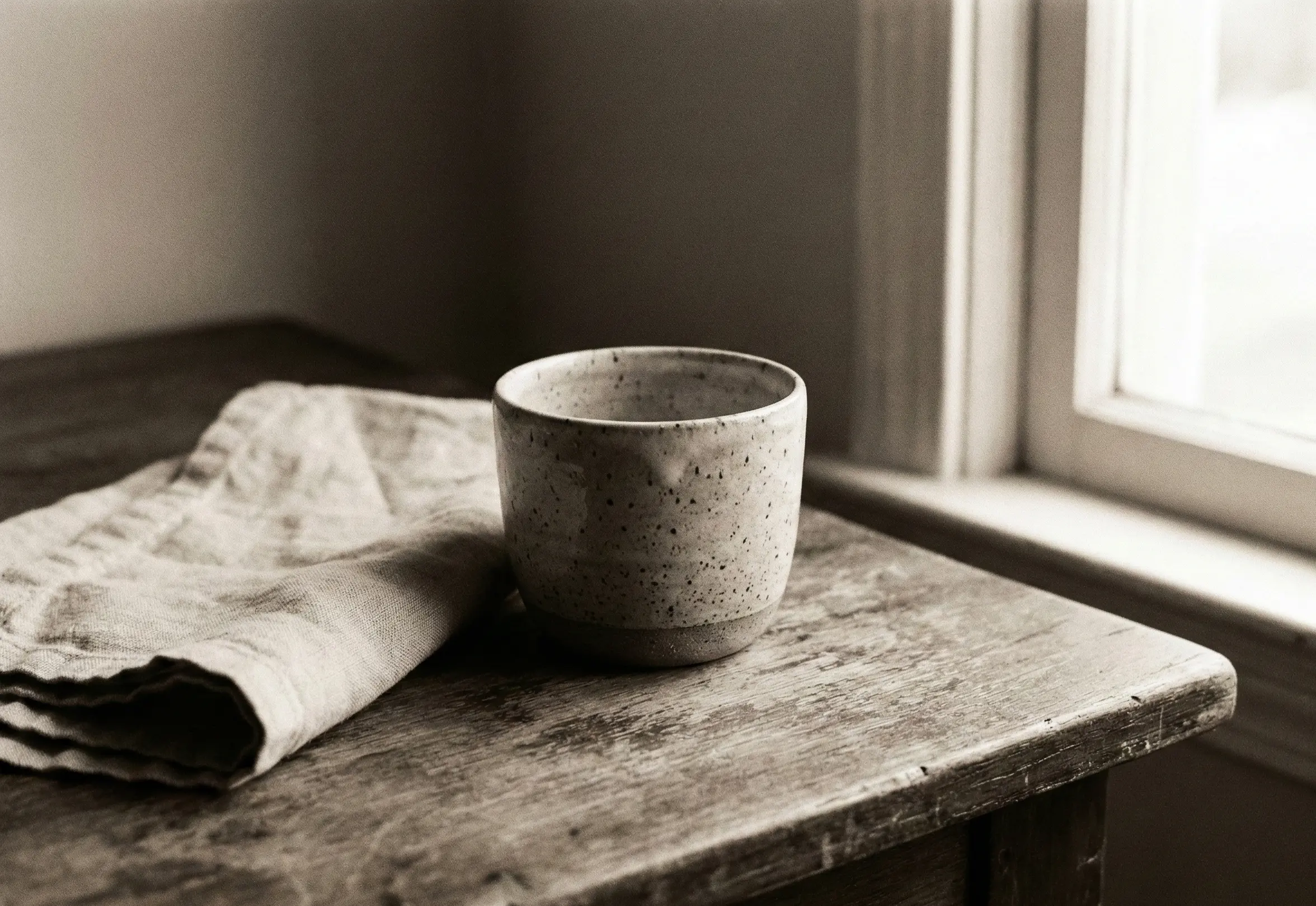 Ceramic cup and linen cloth on wooden surface