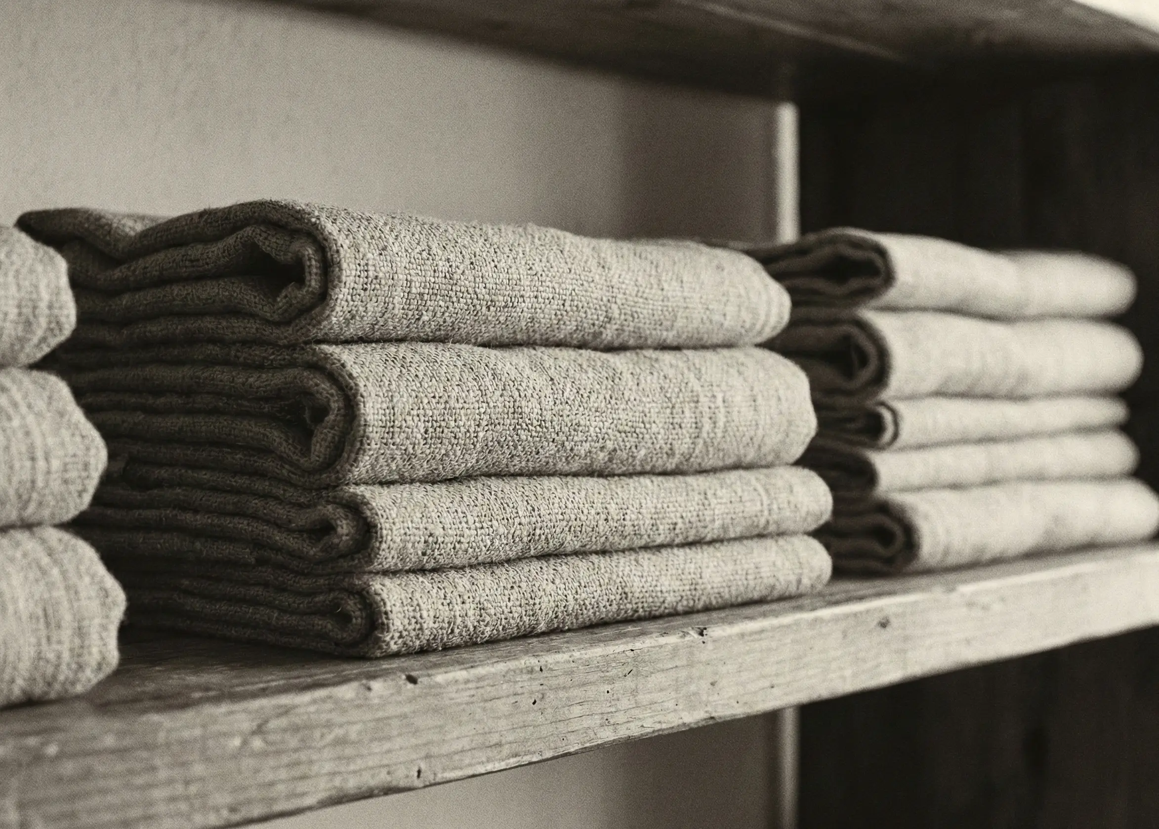 Folded linen on wooden shelf
