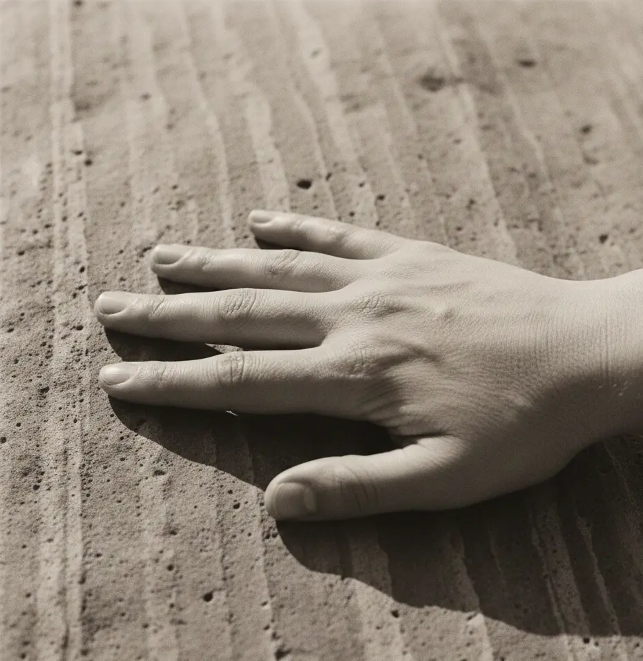 Hand resting on stone surface